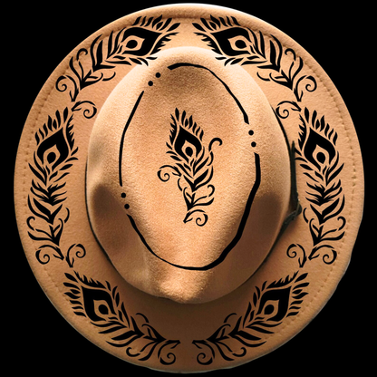 Narrow brim hat with black peacock feathers design on a black background