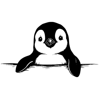 Black and white illustration of a penguin peeking over a horizontal line on a white background