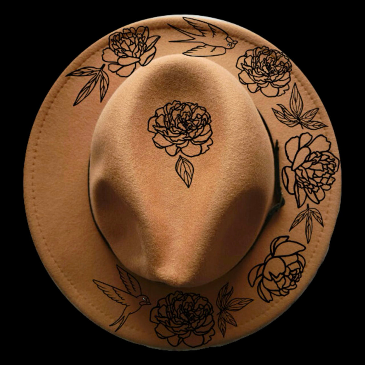 Peonies and swallows on a narrow brim hat