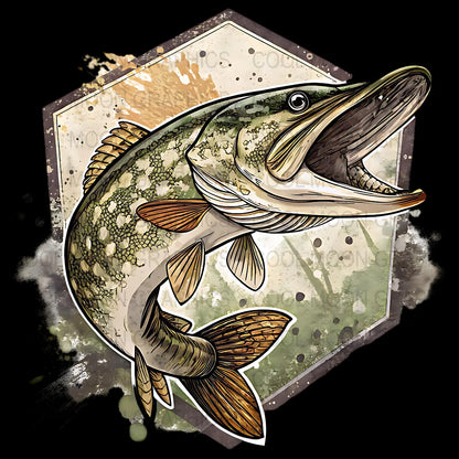 Illustration of a pike fish on a shield-like background with a dark border