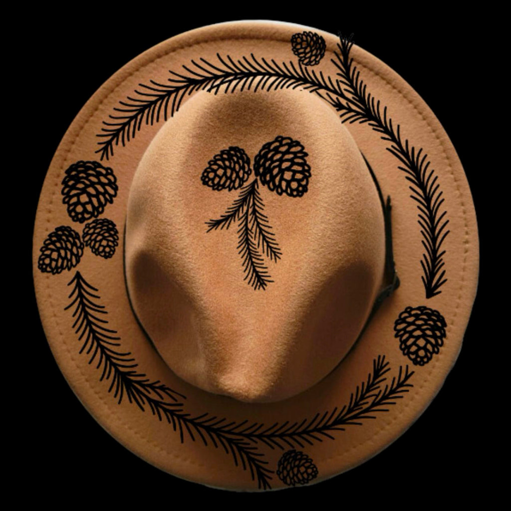 Pine wreath design on a narrow brim hat
