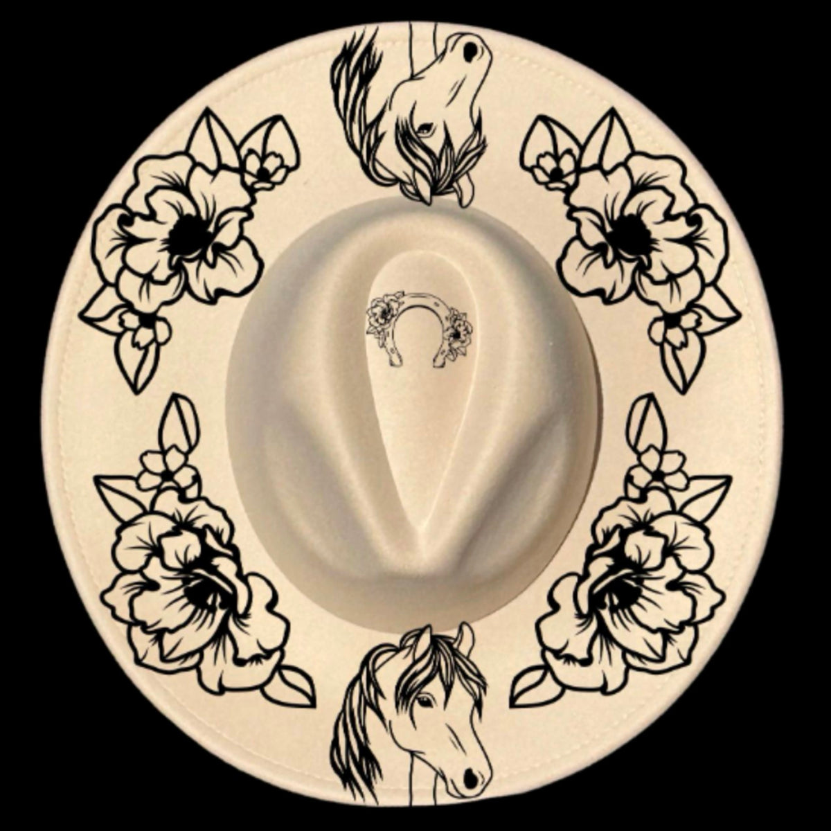 Pony and peonies design on a wide brim hat