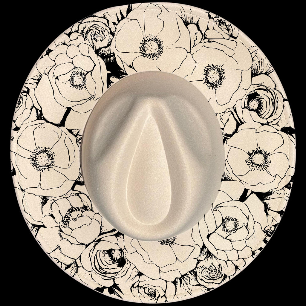 Poppies And Roses burned hat burning design on a wide brim hat