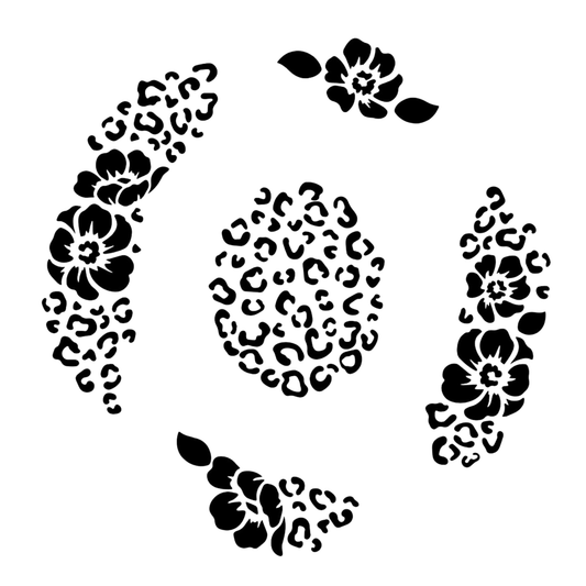 Black floral and leopard print pattern on a white background