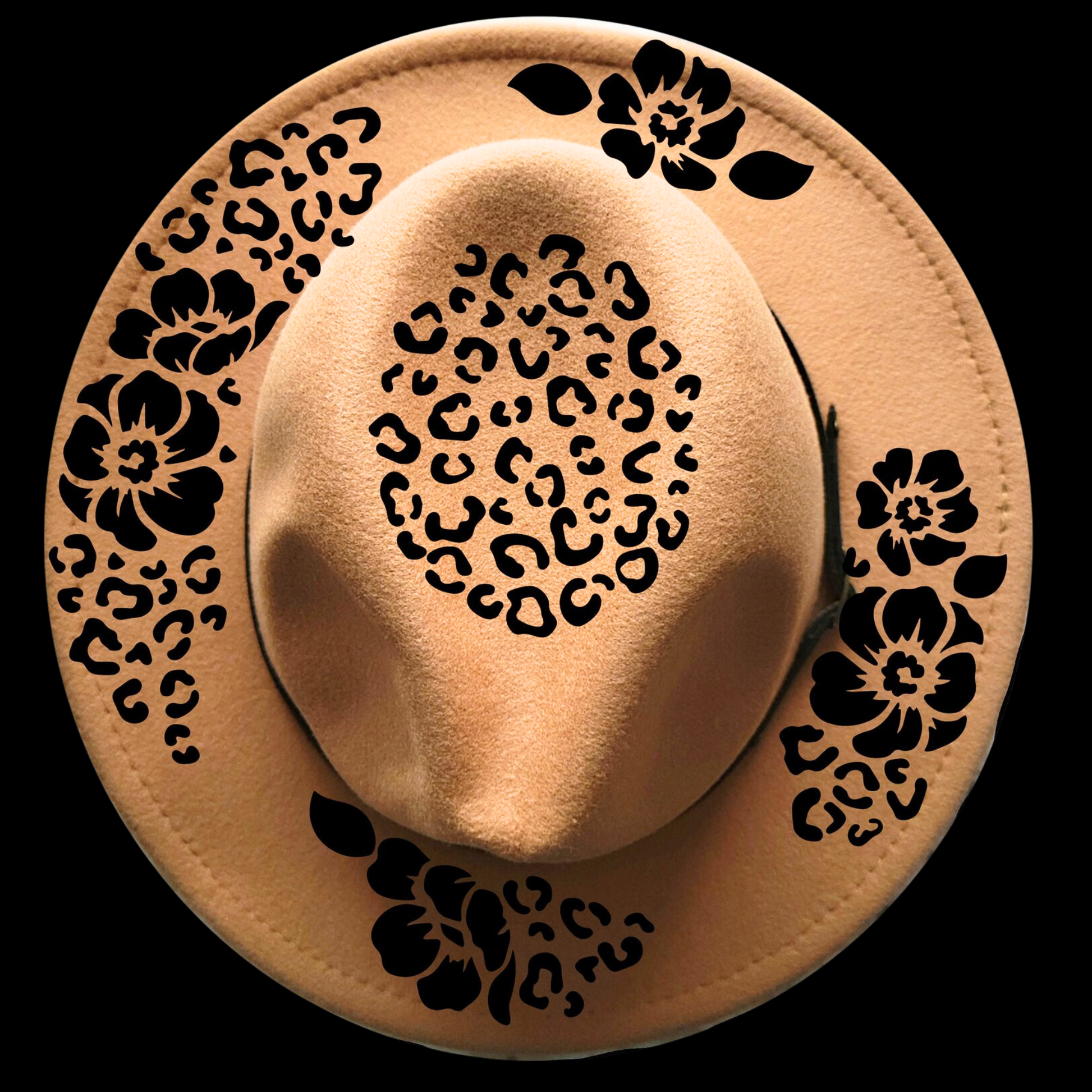 Narrow brim hat with black posies floral and leopard print patterns on a black background