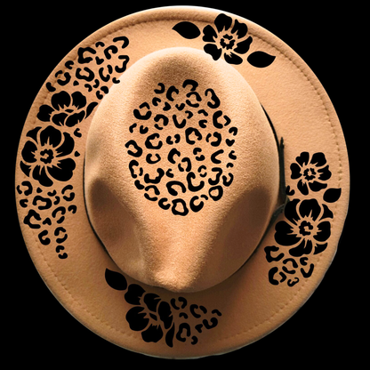 Narrow brim hat with black posies floral and leopard print patterns on a black background