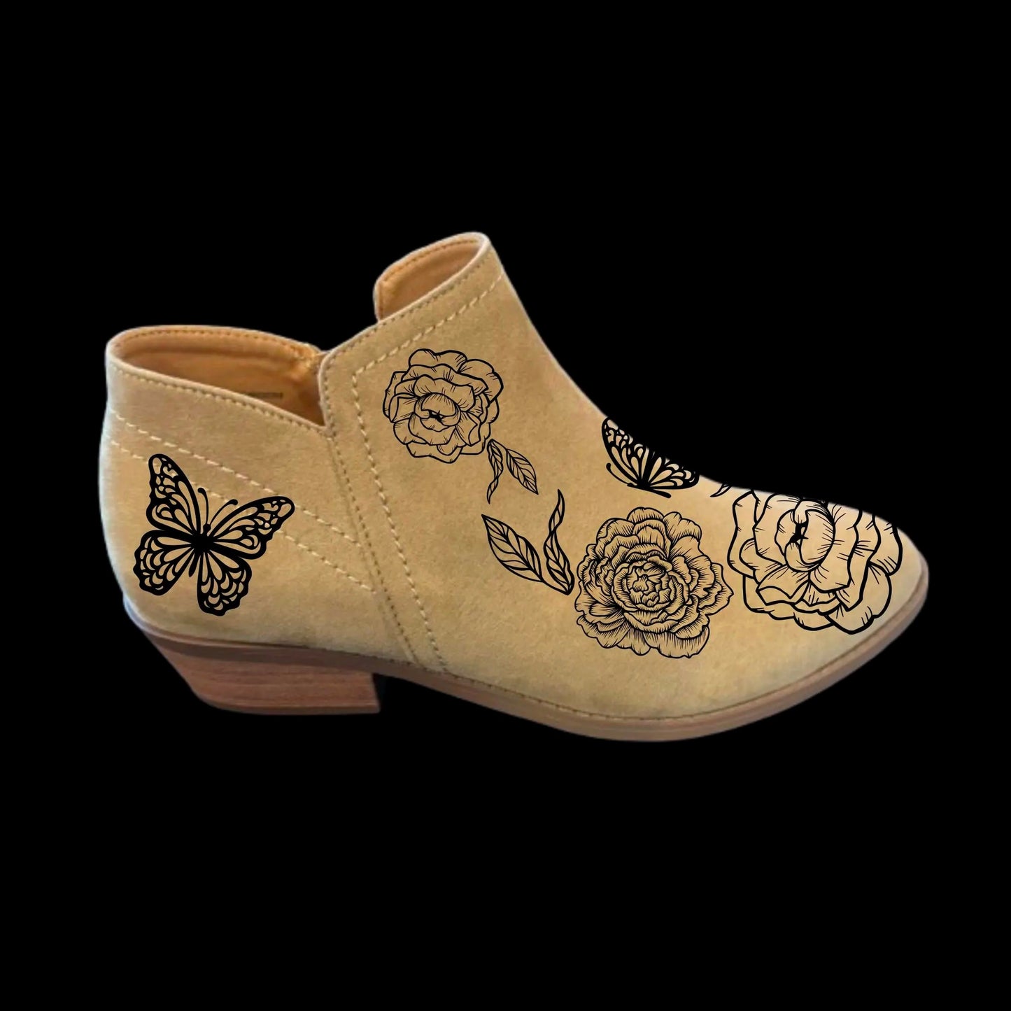 Posies And Butterflies boot burning design on a pair of shoes side view.