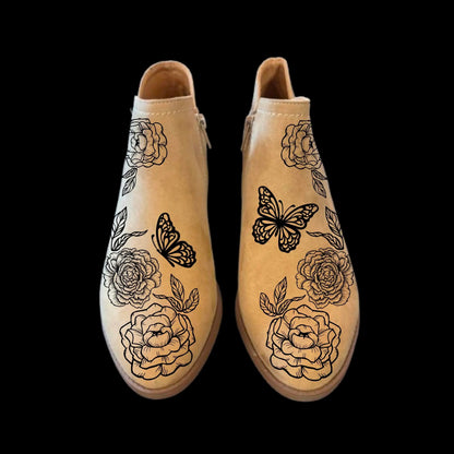 Posies And Butterflies boot burning design on a pair of shoes front view