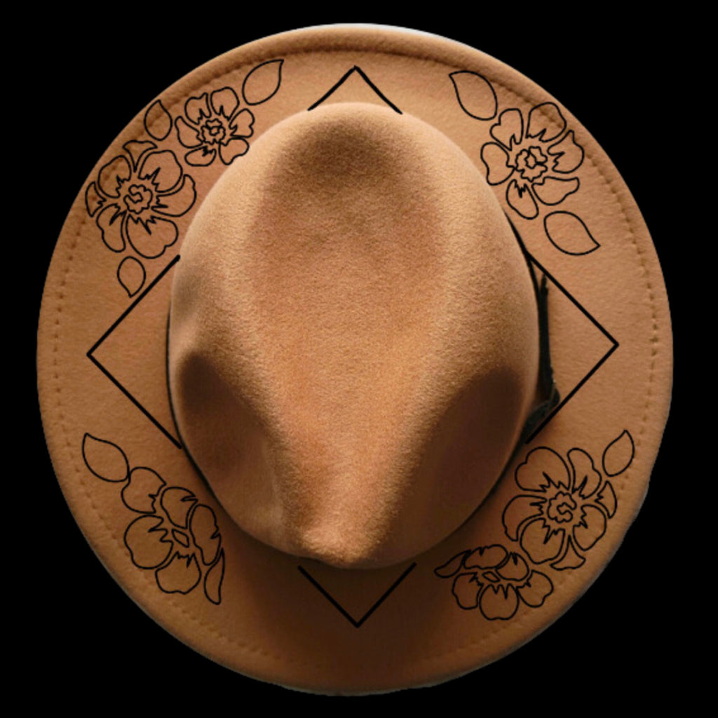 Posies And Diamond burned hat burning design on a narrow brim hat