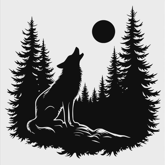 A wolf howling at the moon surrounded by tree silhouettes digital product video