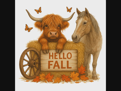 Hello Fall Highland Cow Graphic Design PNG JPG