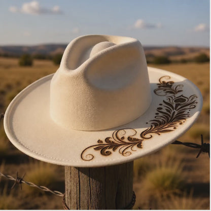Feather Flourish Wide Brim Hat Burning Design