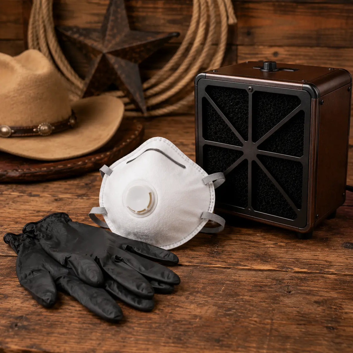 White face mask, black gloves, and a black air purifier on a wooden surface with a cowboy hat and rope in the background.