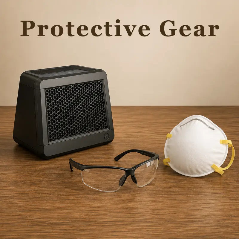 Black air purifier, safety glasses, and N95 mask on a wooden surface with 'Protective Gear' text.