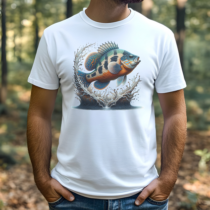Pumpkinseed Sunfish PNG digital design on a man's white t-shirt