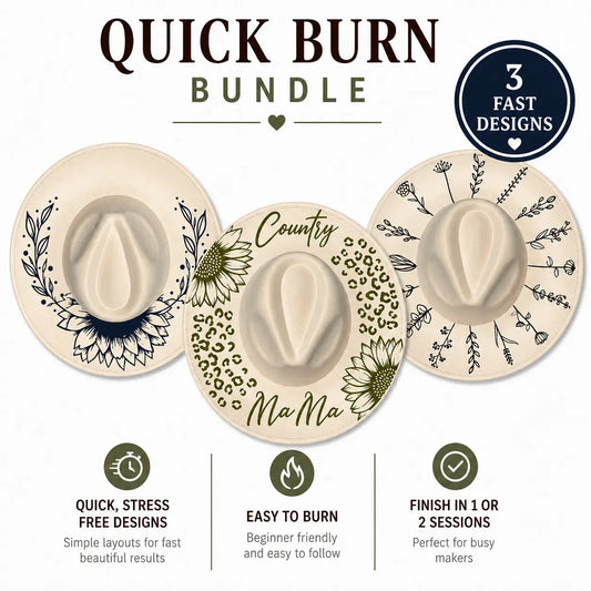 Three decorative hats with designs and text, labeled 'Quick Burn Bundle'. 050226