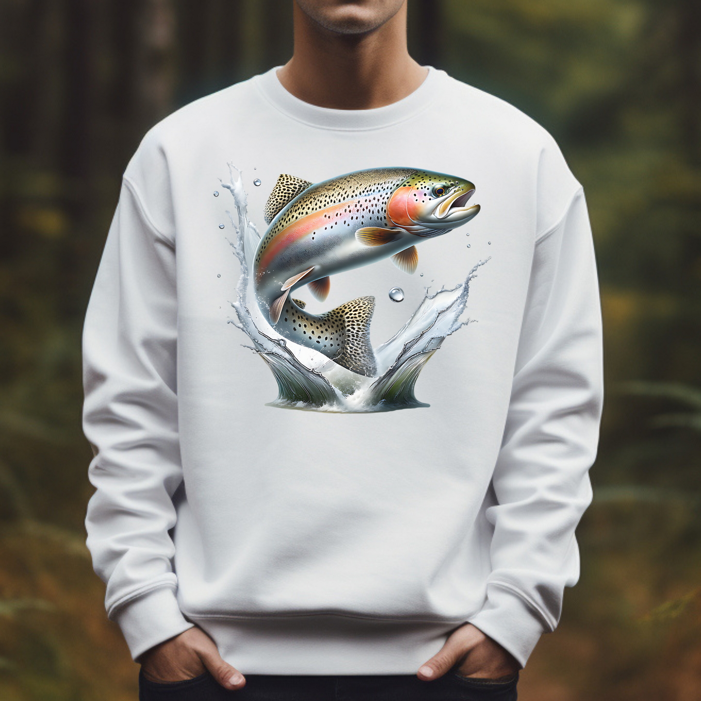 Rainbow Trout PNG fish digital design on a man's sweatshirt