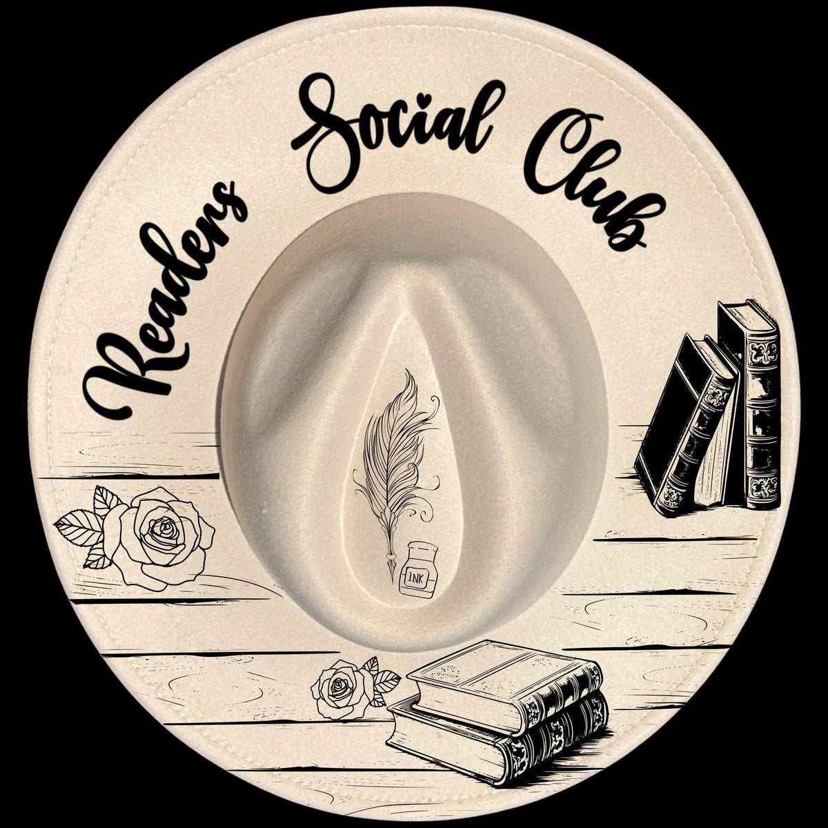 Readers Social Club burned hat burning design on a wide brim hat