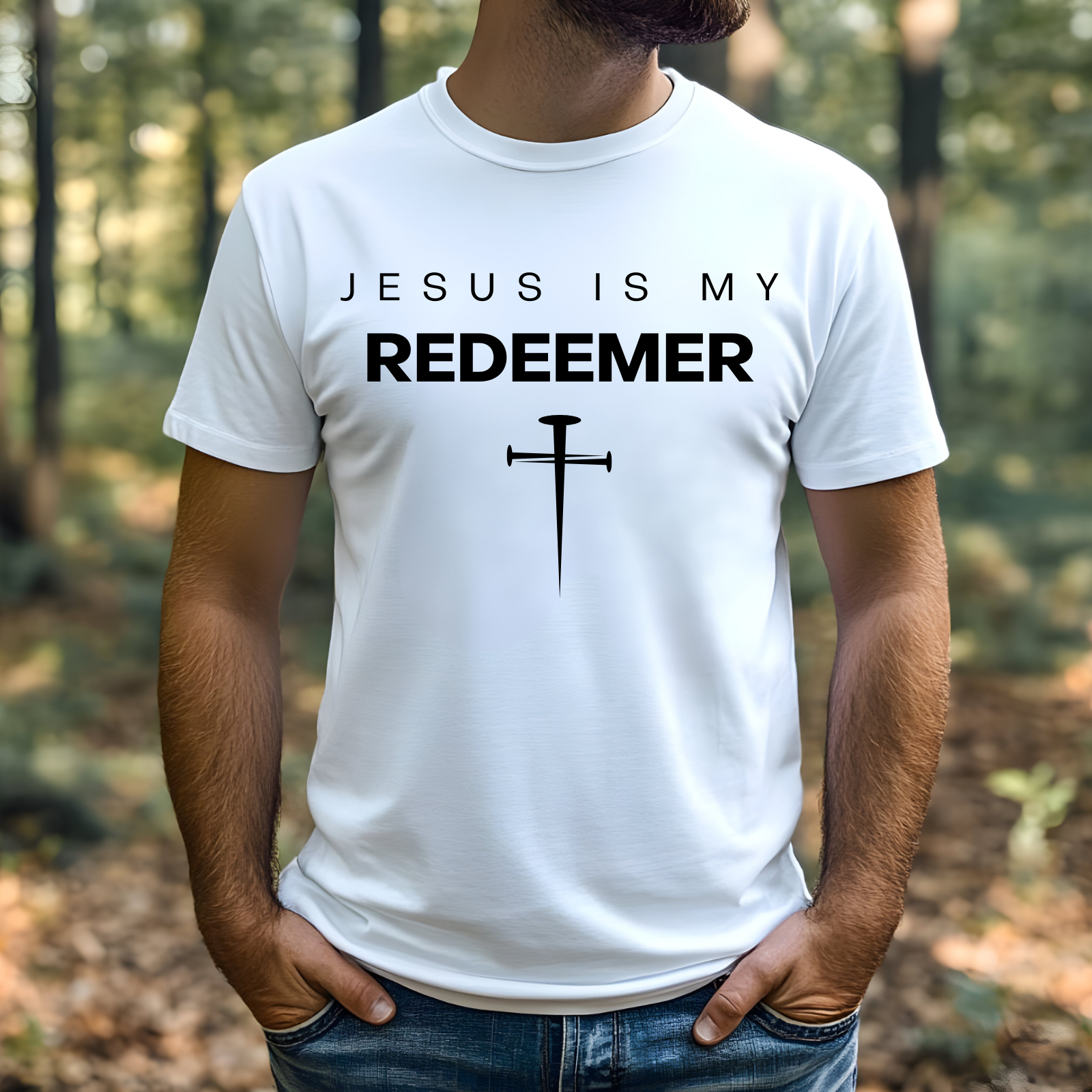 Jesus Is My Redeemer digital design on a man’s white t-shirt.