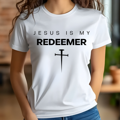 Jesus Is My Redeemer digital design on a woman’s white t-shirt