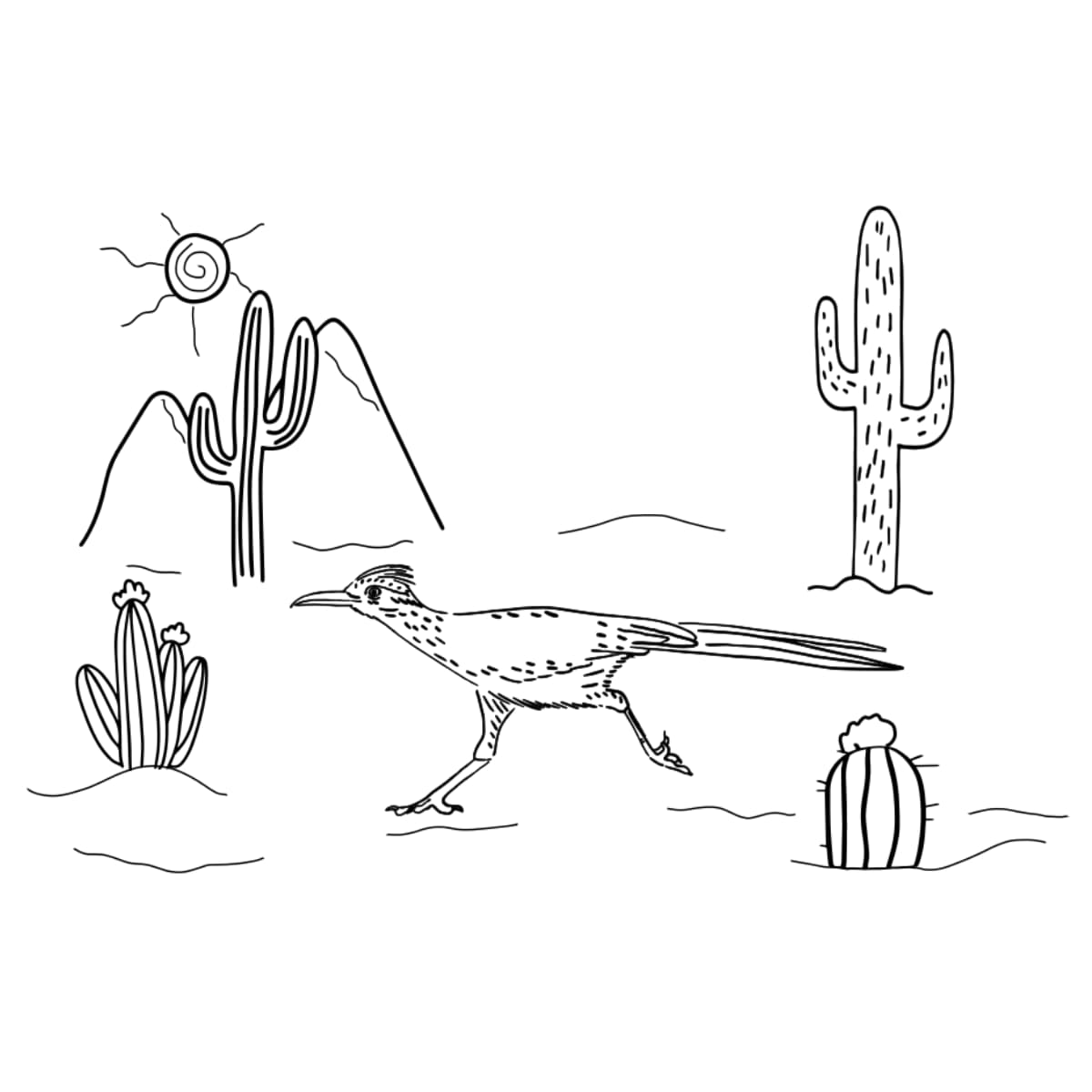 Desert scene with a roadrunner, cacti, and mountains in black line art on a white background.