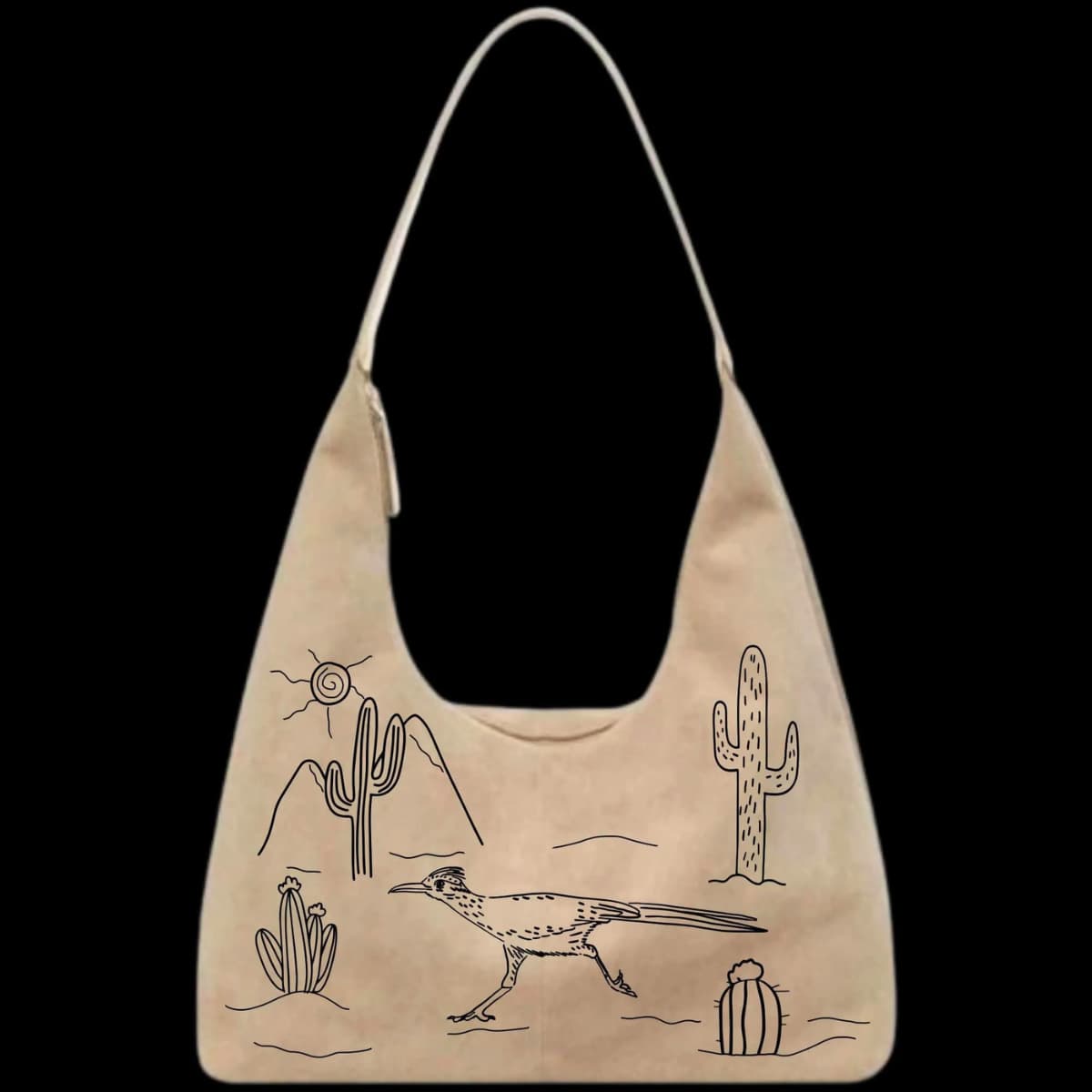 Leather handbag with desert scene design featuring cacti and a roadrunner.