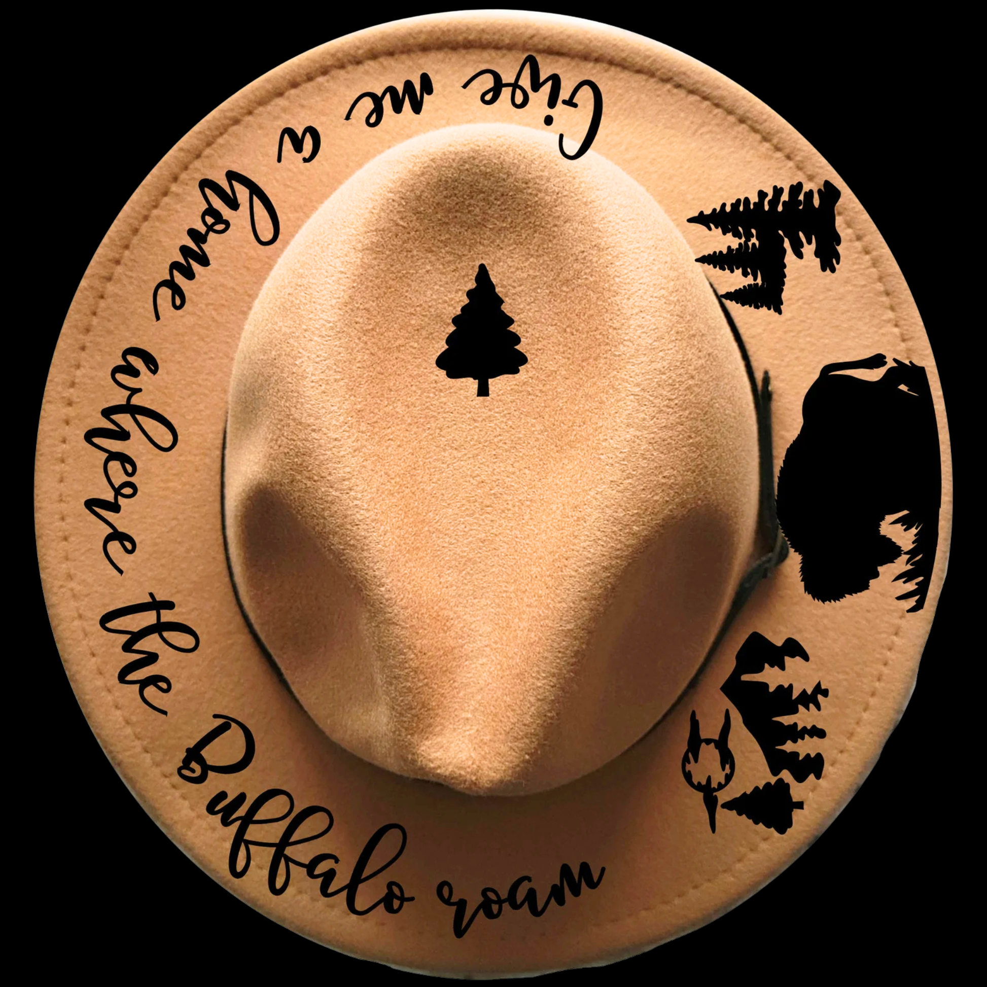 Narrow Brim hat with black text and graphics on a black background