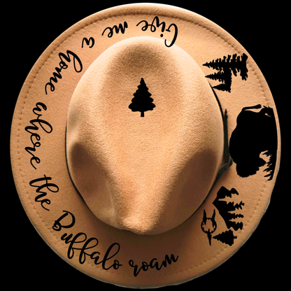 Narrow Brim hat with black text and graphics on a black background