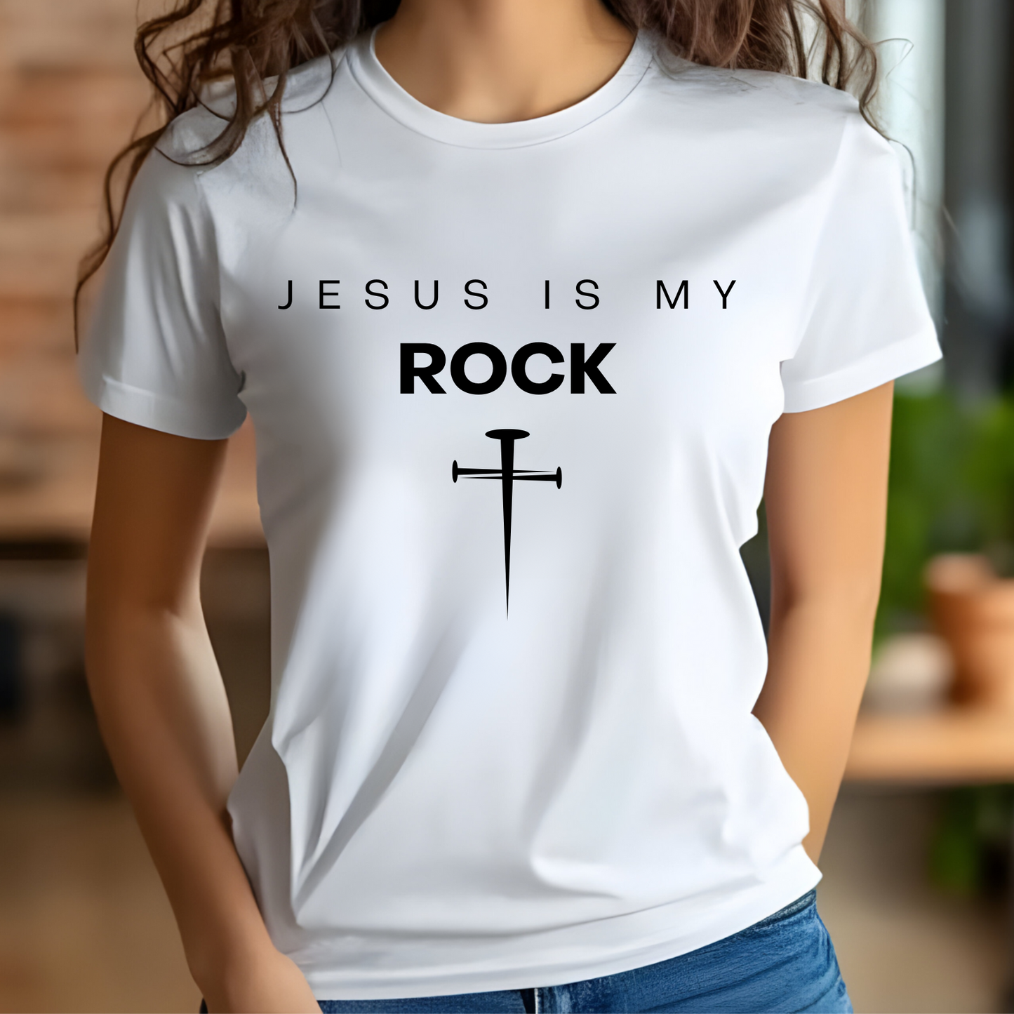 Jesus Is My Rock digital design on a woman’s white t-shirt.