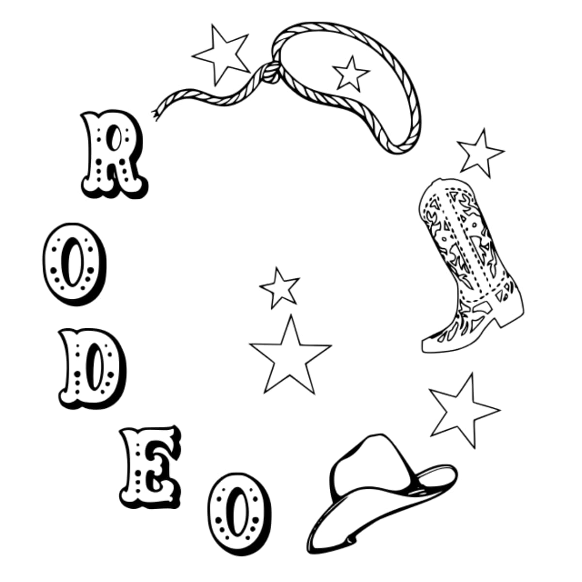 Black and white illustration of rodeo-themed elements including stars, a lasso, cowboy boots, and a hat with the word 'RODEO'.