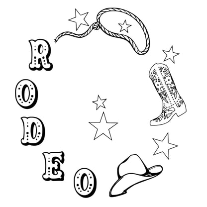 Black and white illustration of rodeo-themed elements including stars, a lasso, cowboy boots, and a hat with the word 'RODEO'.