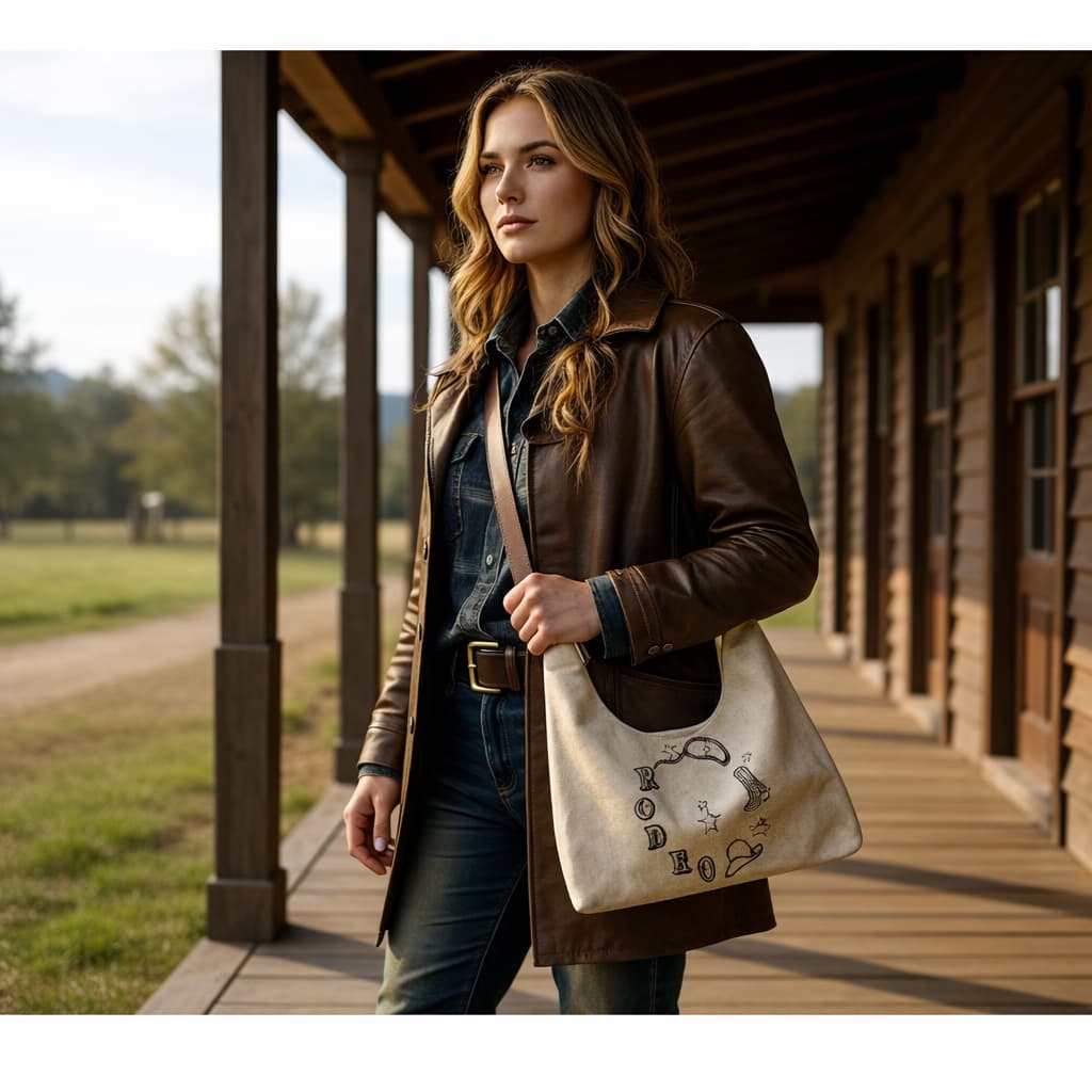 Woman holding the rodeo bag on a wooden porch with a scenic background