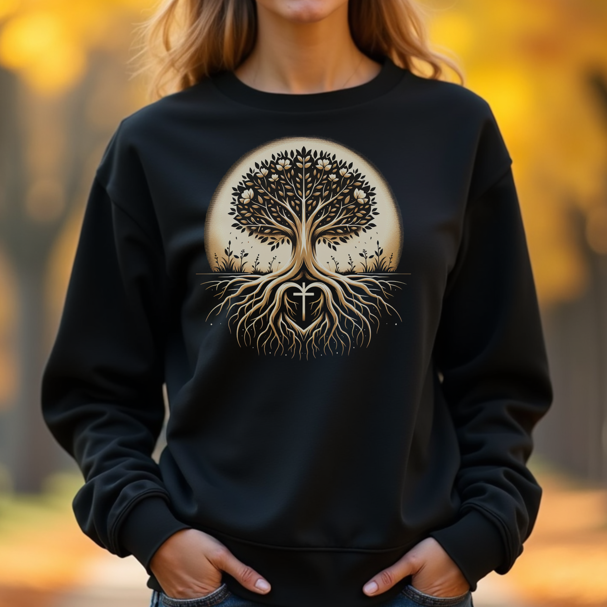 Woman wearing a black sweatshirt with a tree design in an outdoor setting