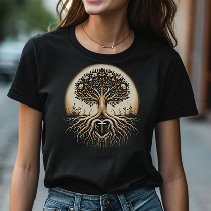 Woman wearing a black t-shirt with a tree design