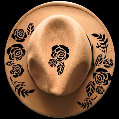 Narrow brim hat with black floral patterns on a black background