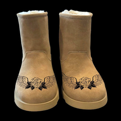 Rose Wings boots burning design on a pair of boots.