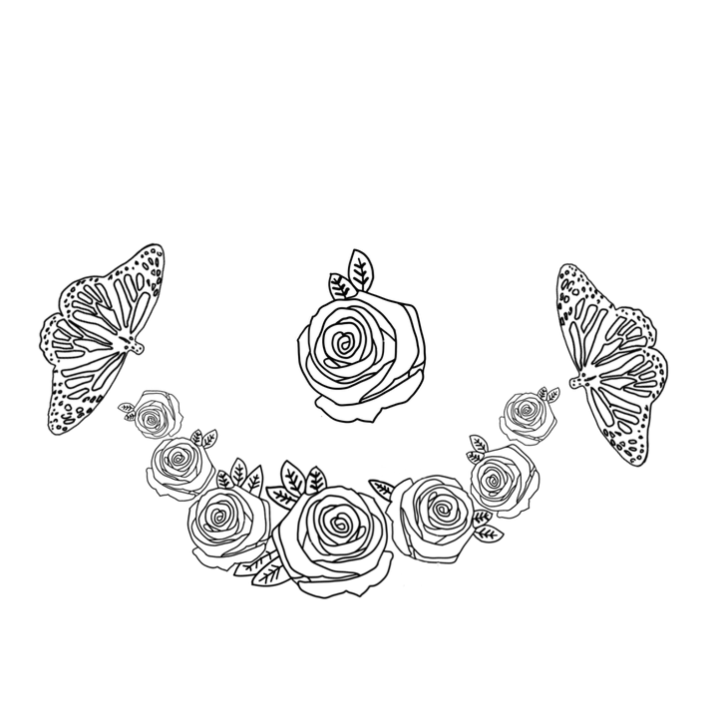 Black and white illustration of butterflies and roses on a white background