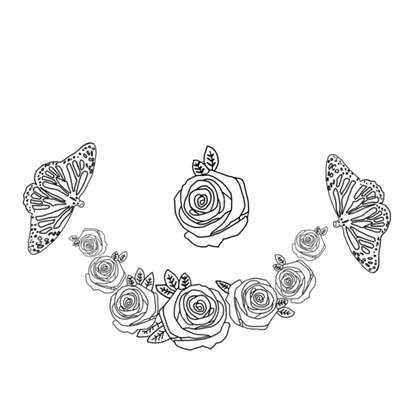 Black and white illustration of butterflies and roses on a white background