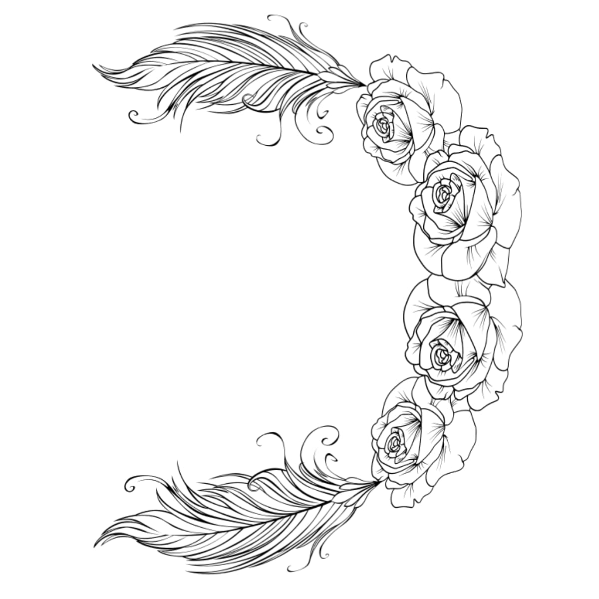 Black and white line drawing of roses and feathers on a white background
