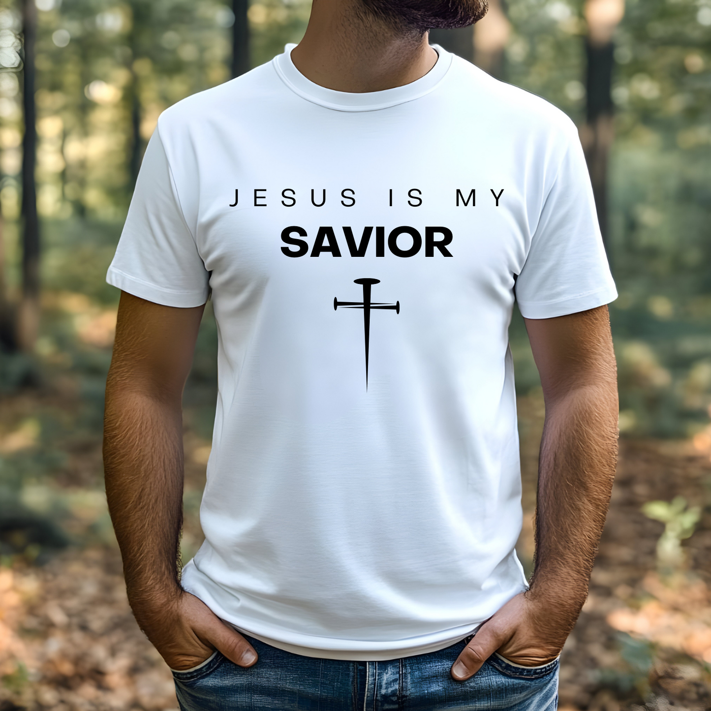 Jesus Is My Savior digital design on a man’s white t-shirt.