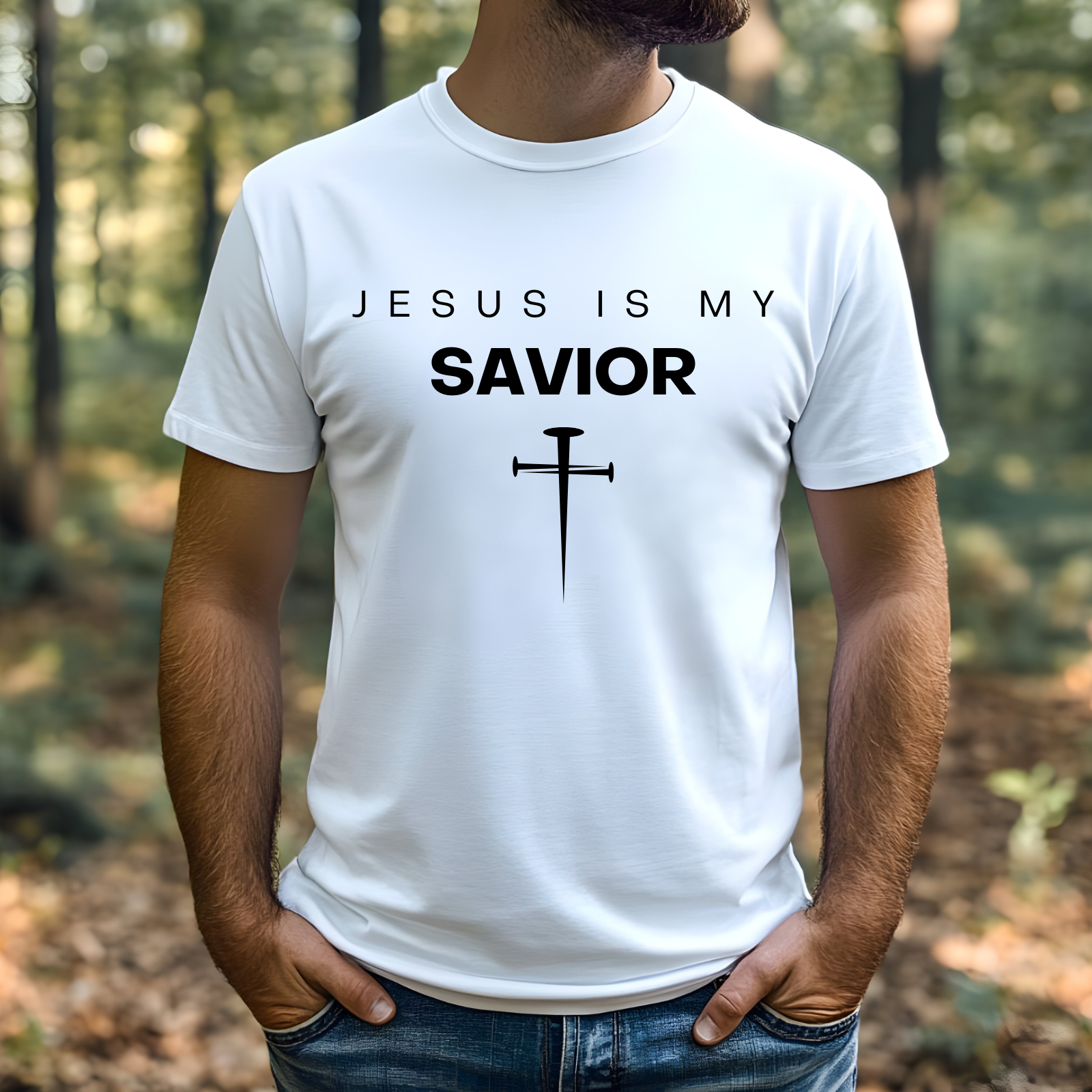 Jesus Is My Savior digital design on a man’s white t-shirt.