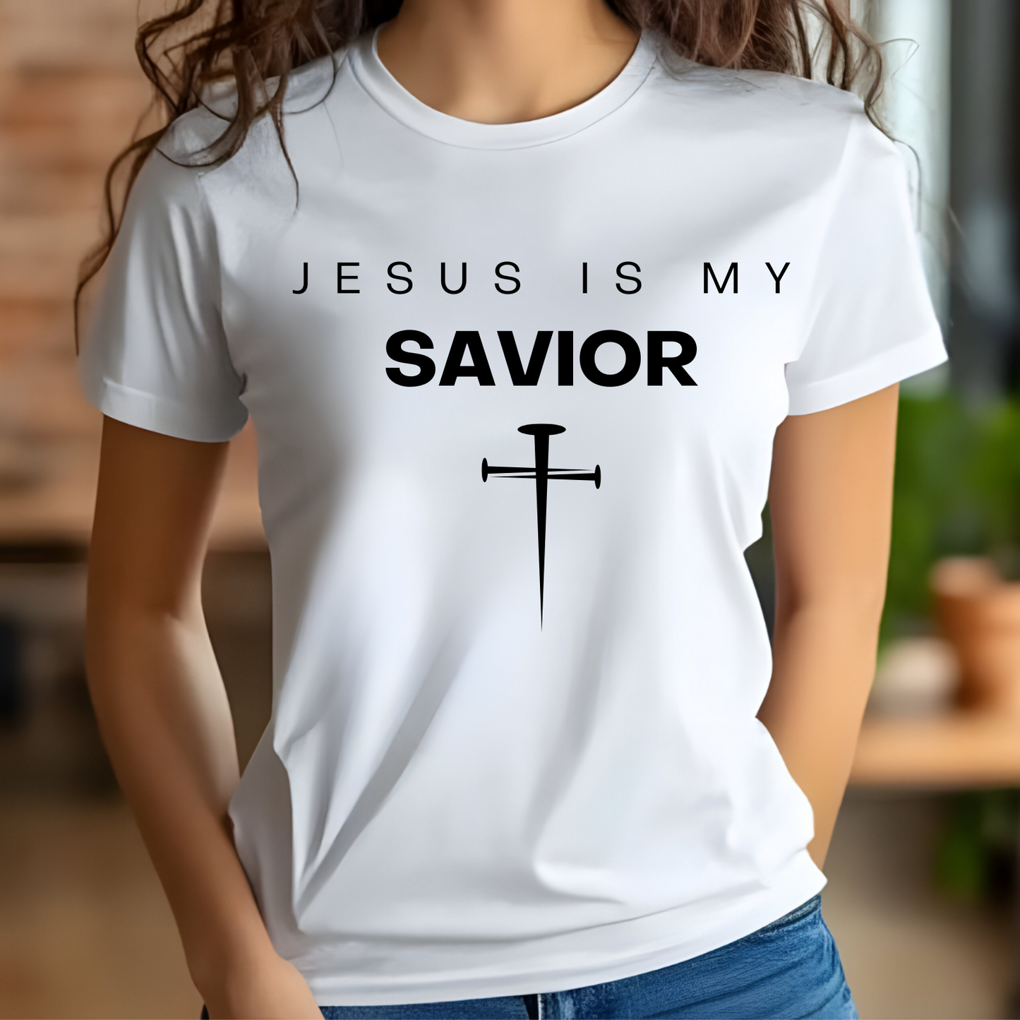 Jesus Is My Savior digital design on a woman’s white t-shirt.