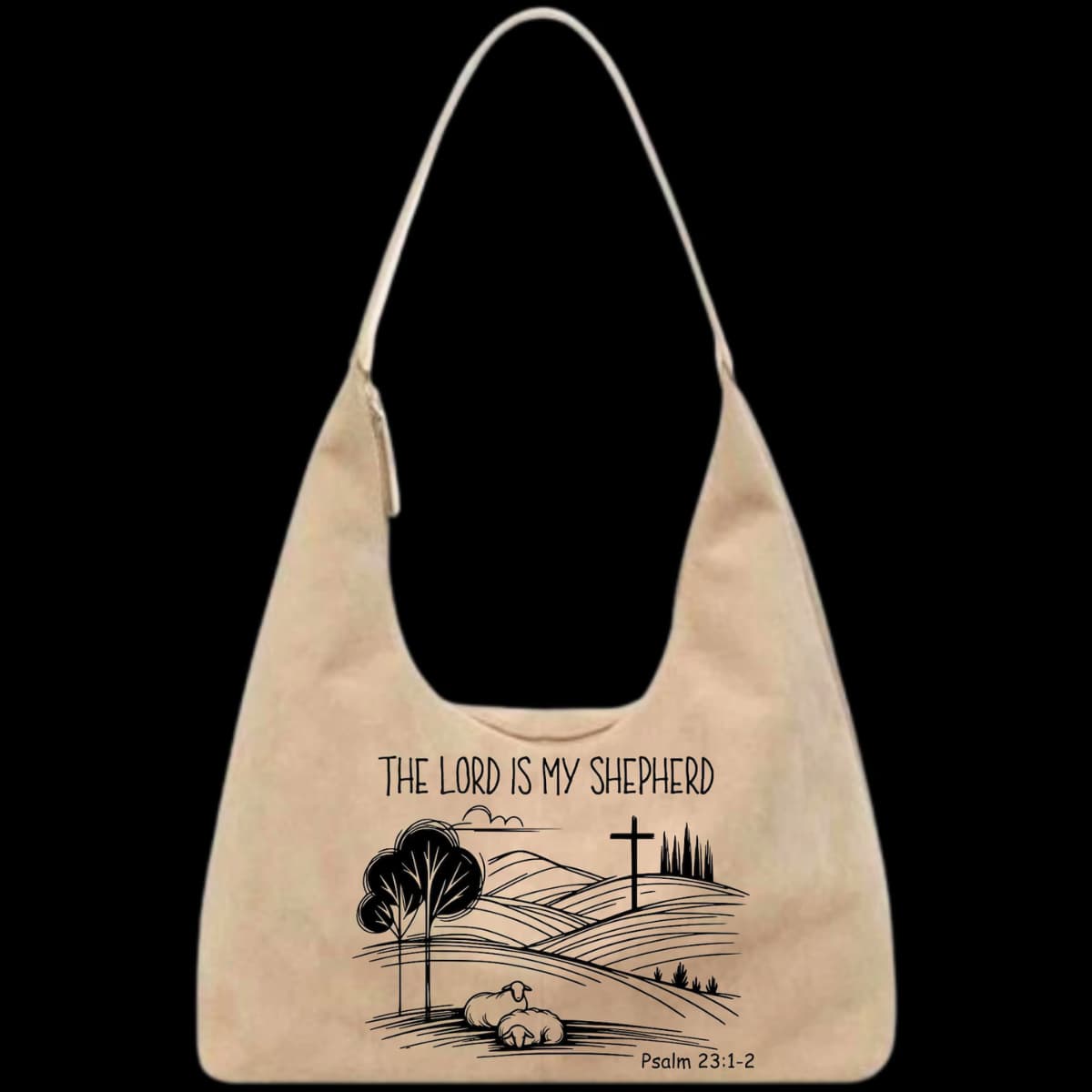 Leather tote bag with religious design and "The Lord is my Shepherd" text on a black background
