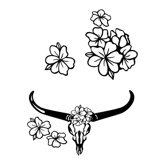 Hat burning design of a bull skull with floral elements on a white background