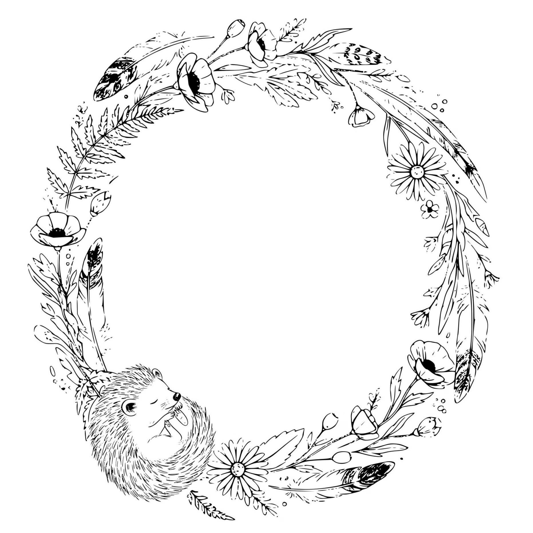 A sleeping hedgehog surrounded by floral designs.