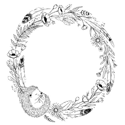 A sleeping hedgehog surrounded by floral designs.