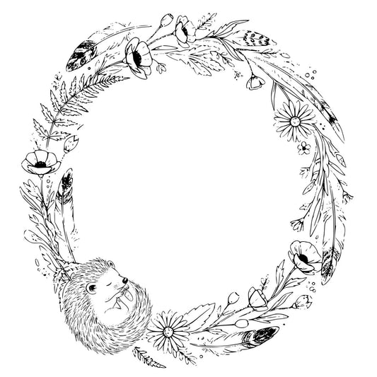 A sleeping hedgehog surrounded by floral designs.