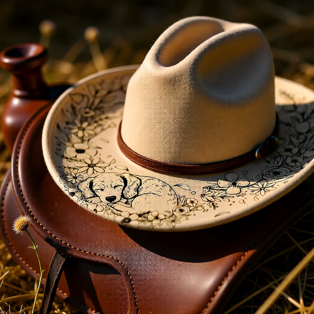 Beige cowboy hat with decorative band on a leather saddle in a natural setting