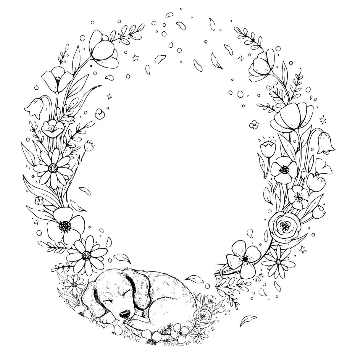 Illustration of a dog surrounded by flowers in a circular frame