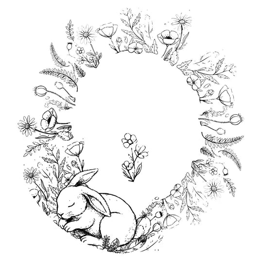 Hat burning design of a rabbit surrounded by floral and leaf patterns on a white background